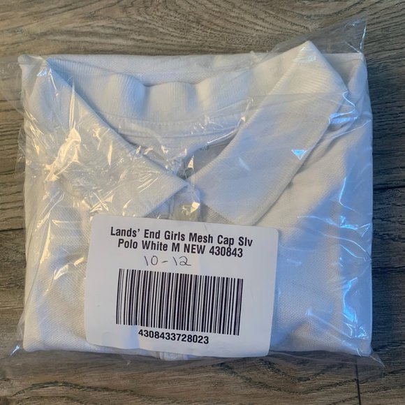 NWT LANDS' END GIRL'S MESH CAP SLEEVE POLO SHIRT WHITE MEDIUM‎ (10-12) - Picture 5 of 11